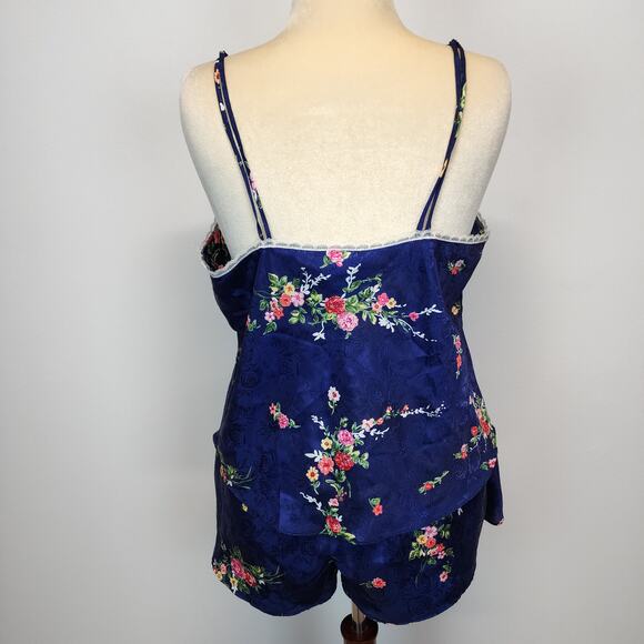 Vintage Inner Most Floral Satin Pajama Set Size XL Blue Lace Trim Chemise Shorts - Picture 4 of 16